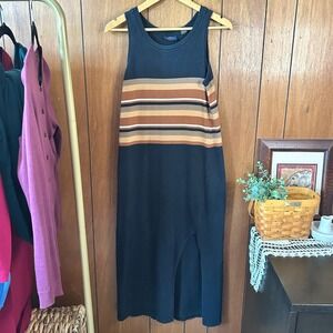 Vintage 100%‎ Cotton Limited America Striped Sleeveless Tank Dress Black Brown S